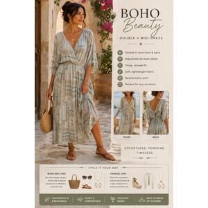 Womens Maxi Dress Double V Tie Back Midi Boho Lightweight Relaxed